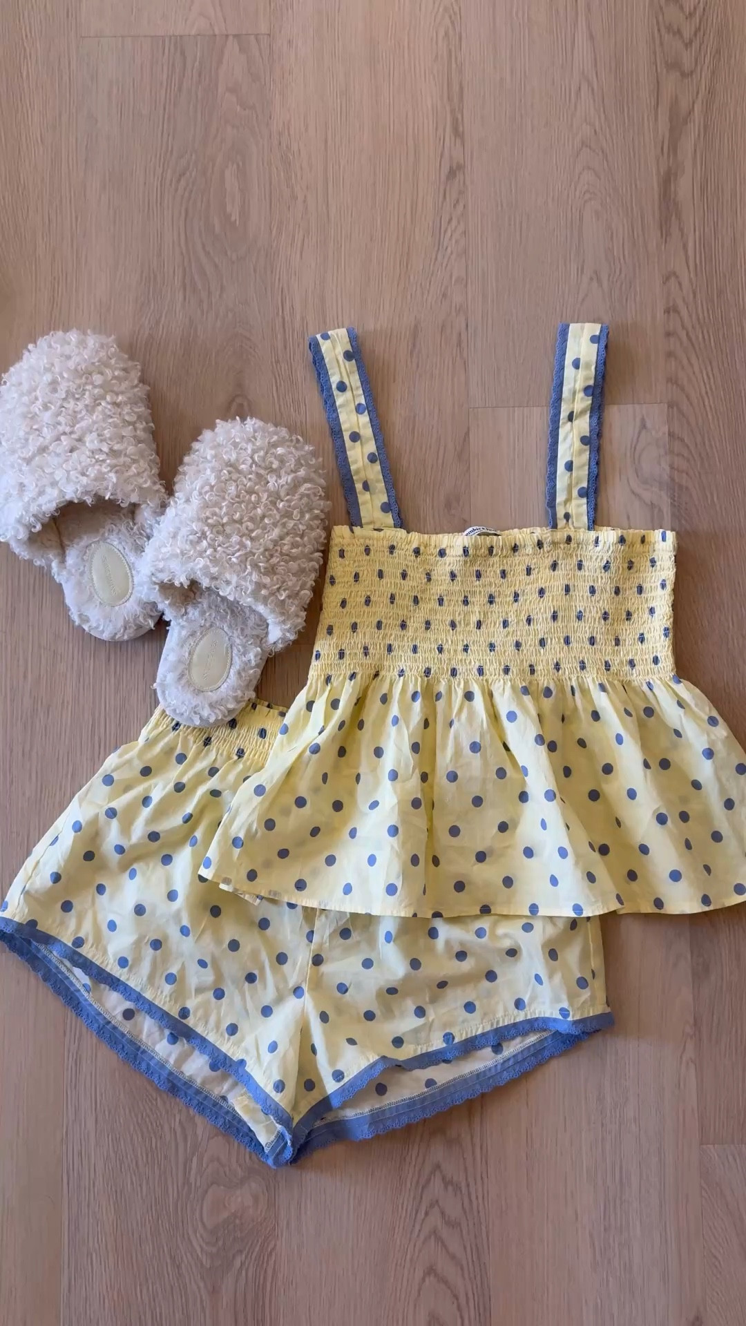 The cutest matching pj set and it’s on sale! Buy one, get one piece 50% off! 

Yellow pjs, polka dots, summer pajamas, matching set, Abercrombie style