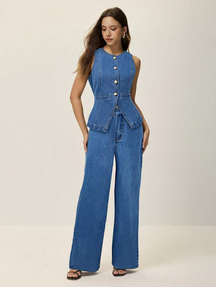 Poéselle Women's Casual Denim Vest And Jeans 2-Piece Set | SHEIN