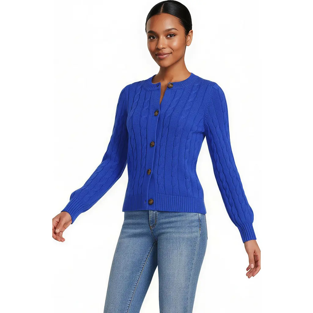 Lands' End Drifter Classic Cable Crew Neck Cardigan Sweater in Vibrant Lapis at Nordstrom, Size Medium | Nordstrom