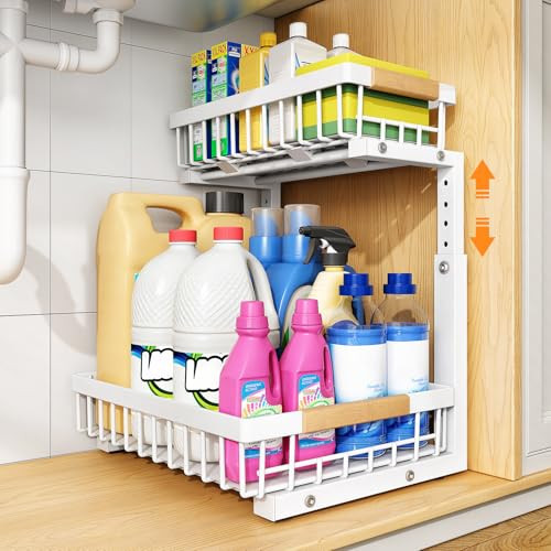 PXRACK Under Sink Organizer, Adjustable Height, 2 Tier Pull Out Under Cabinet Organizer, Slide Out Thickened Metal Under Sink Storage for Kitchen Bathroom Laundry Pantry Cabinet, White, Large-1-Pack | Amazon (US)