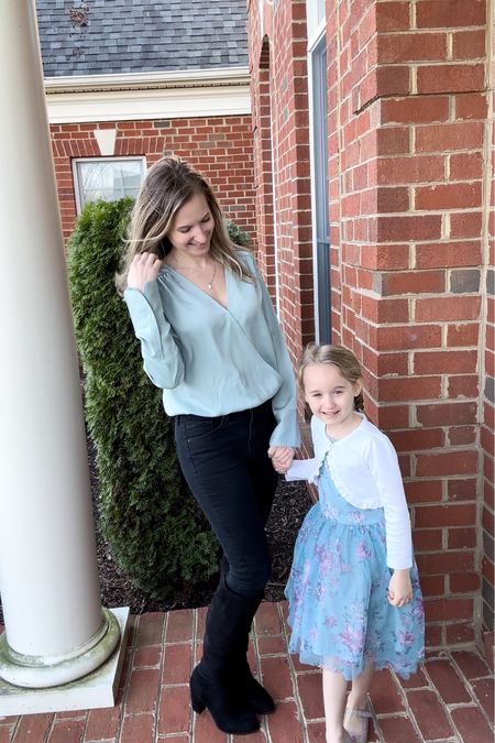 Mommy and little girl’s spring style

Target Seafoam shirt size XS, black express jeans size 2, black boots, and opal necklace

Girl’s turquoise dress, white bolero jacket and white ballet flats

#LTKSeasonal #LTKfamily #LTKkids