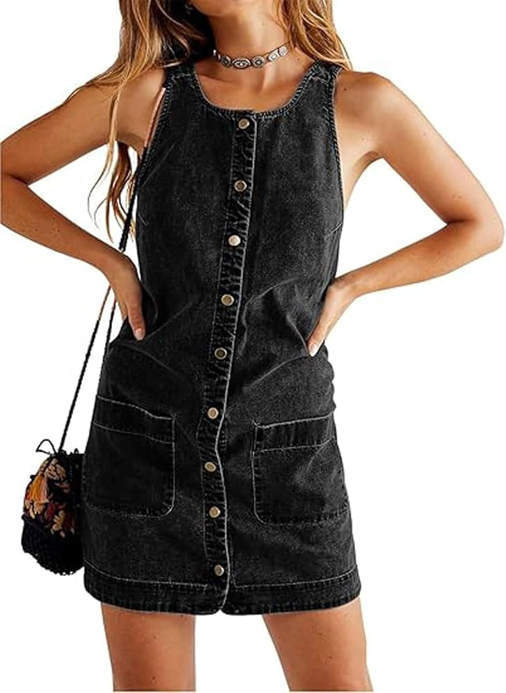 loveimgs Women Summer Sleeveless Denim Overall Dress Tank Button Down Strap Short Jean Mini Dress... | Amazon (US)