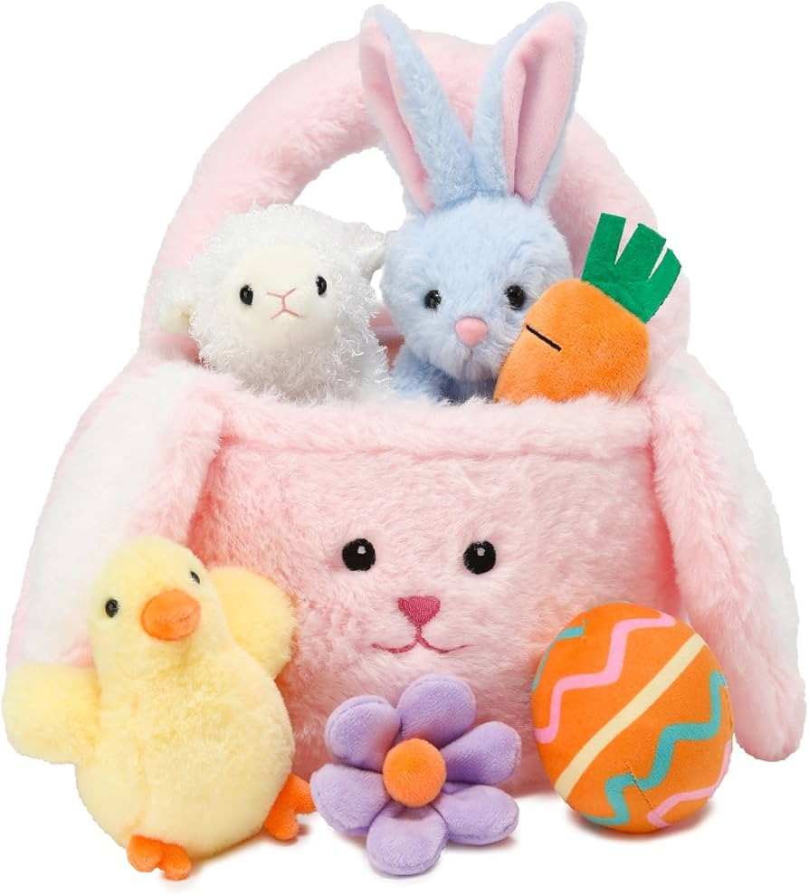 7 Piece Easter Basket Eggs Playset Stuffed Rabbit Chick Lamb Toy Set for Kids Girls Boys Ages 3+ ... | Amazon (US)