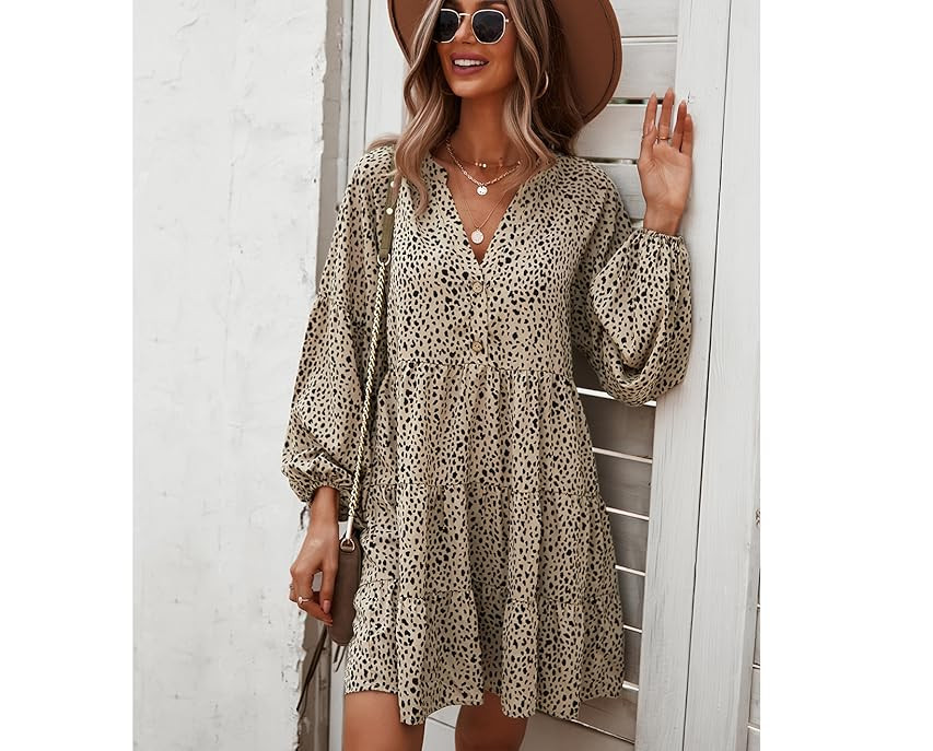 TEMOFON Women's Tunic Dress Leopard Floral Printed Long Sleeve Casual Loose V Neck Ruffle Swing Mini | Amazon (US)