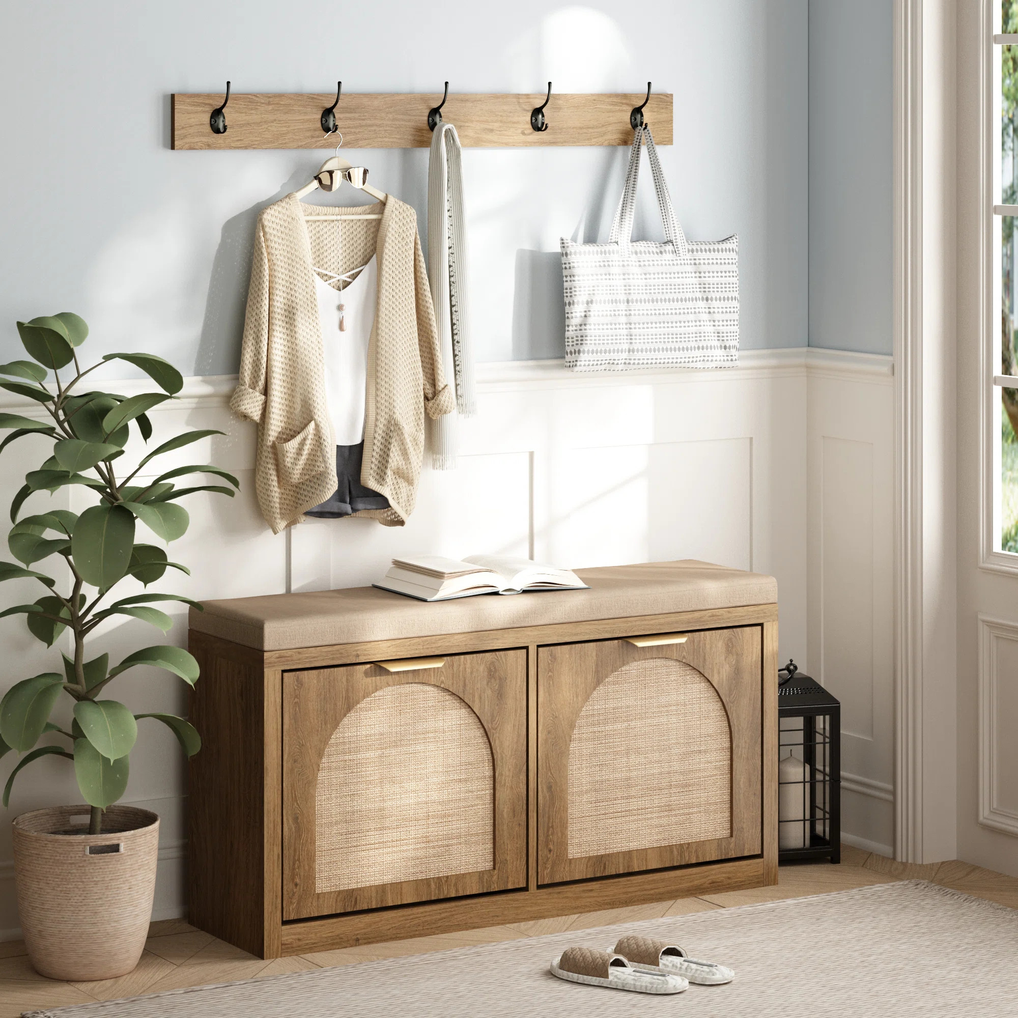 Storage Shoe Bench With Coat Rack Shoe Cabinet With Seat Cushion | Wayfair North America