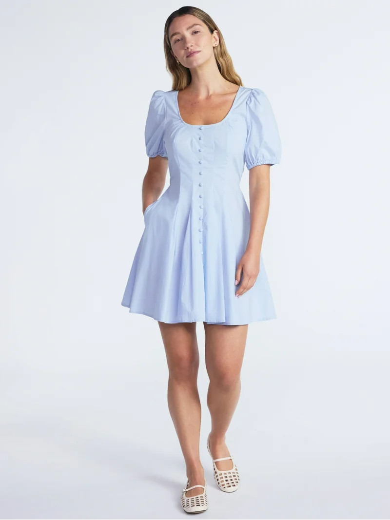 Scoop Women’s Pleated Mini Dress with Puff Sleeves, Sizes XS-XXL | Walmart (US)