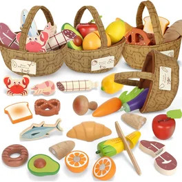 Wooden Play Food Sets for Kids Kitchen, Food Toys for Toddlers 3+ Year Old, with Shopping Bag, Pr... | Walmart (US)