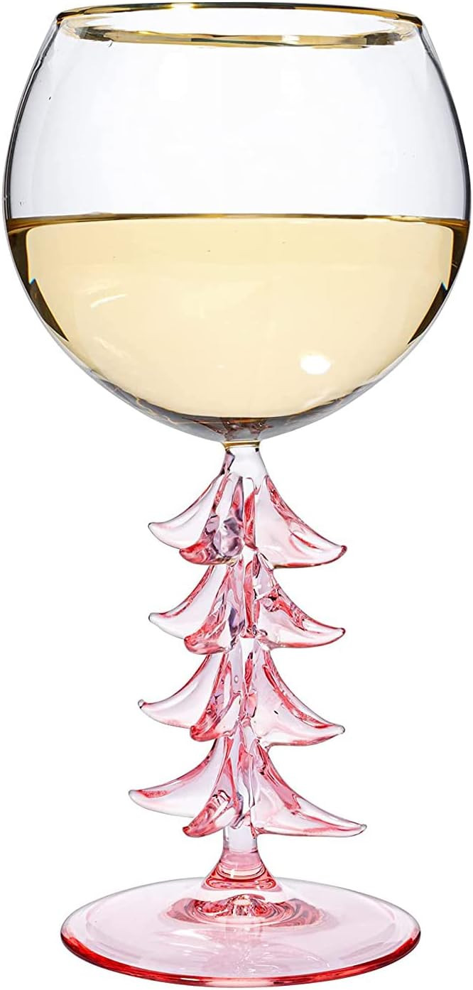 Crystal Christmas Holiday Tree Stemmed Wine Glass - Pink - 12oz Goblet Bordeaux Gold Rim Colored ... | Amazon (US)