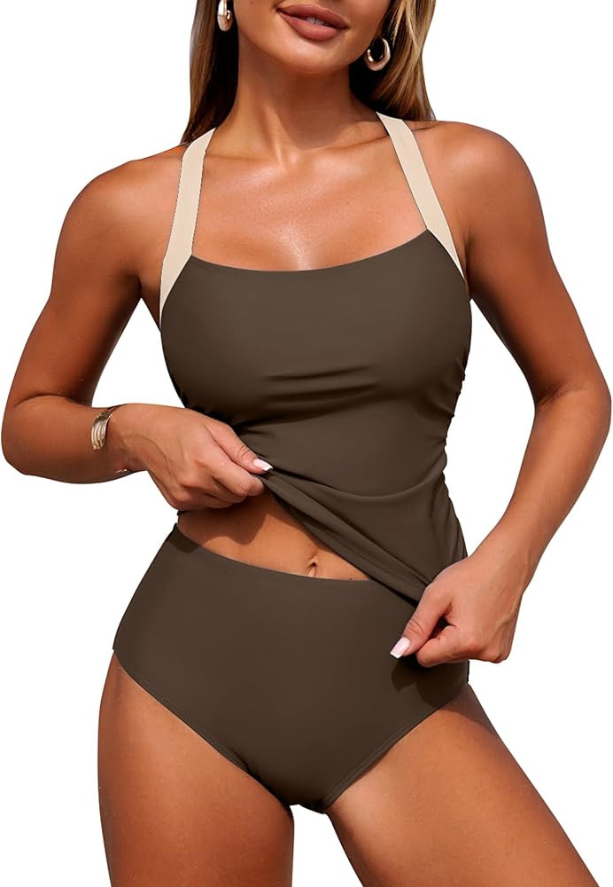 ZAFUL Women's Tankini Swimsuits Tummy Control Swimwear Two Piece Bathing Suits Swim Top with High... | Amazon (US)