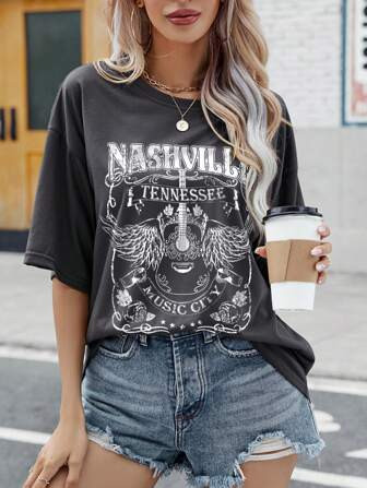 SHEIN EZwear Letter Graphic Drop Shoulder Tee | SHEIN