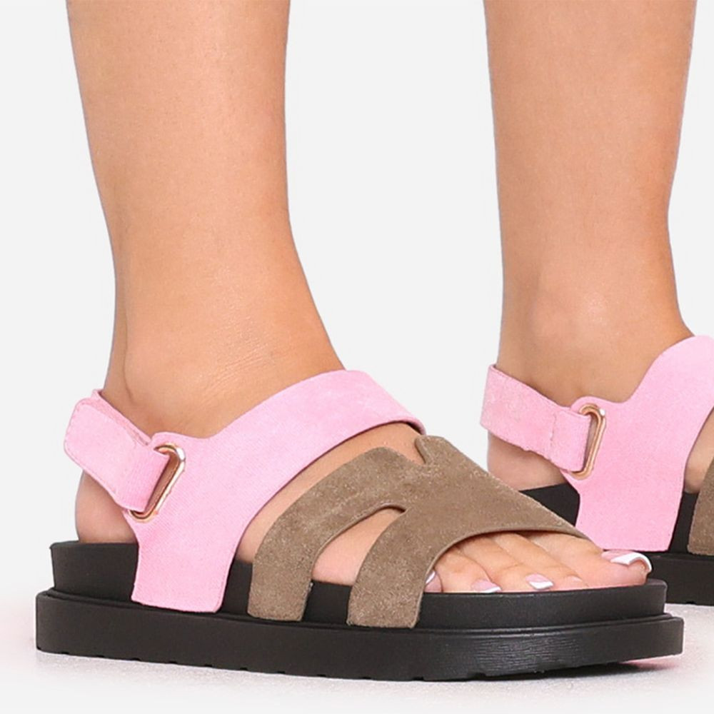 Charm Cut Out Gladiator Sandal In Khaki And Pink Faux Suede | EGO (UK)