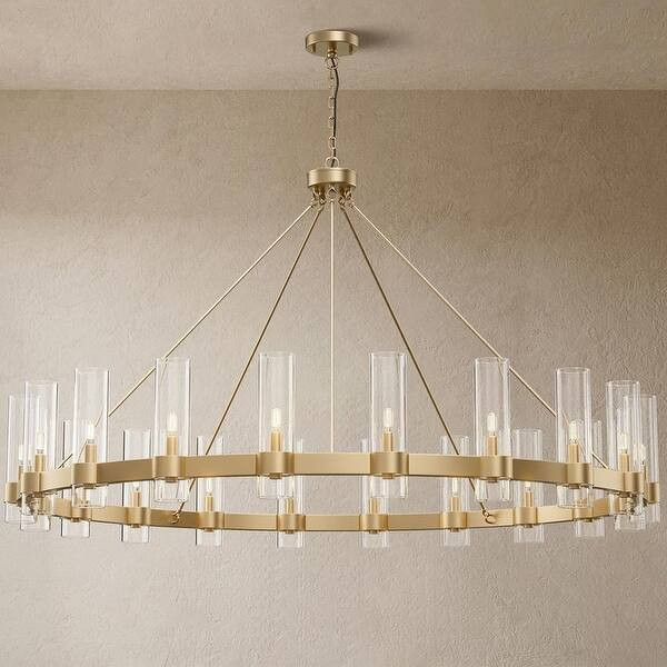 60" 20-Light Black Chandelier, Round Industrial Chandelier with Glass Shade, Wagon Wheel High Cei... | Bed Bath & Beyond