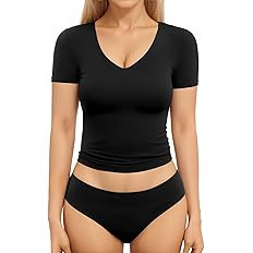 MANGOPOP Women's Double Lined Short Long Sleeve Tops V Neck T Shirts Fitted Basic Tee | Amazon (US)