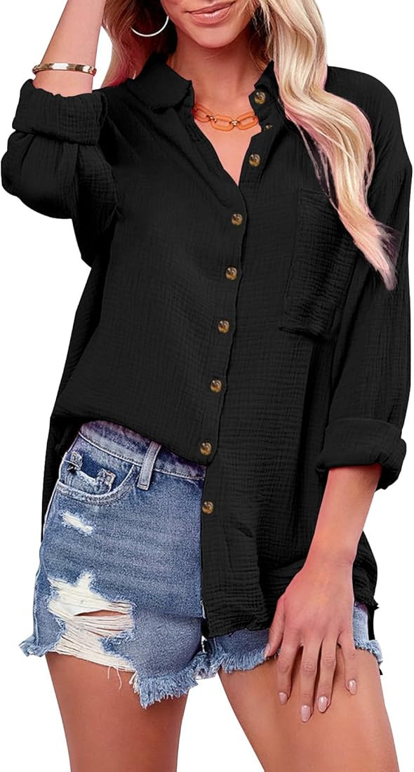 siliteelon Womens Button Down Shirts Cotton Gauze Long Sleeve Oversized Boyfriend Blouses Collare... | Amazon (US)