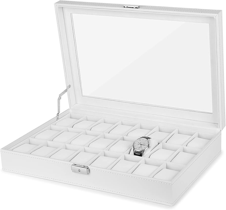 JS NOVA JUNS Watch Box, 24-Slot Leather Watch case with Large Acrylic Lid, watch box organizer fo... | Amazon (US)