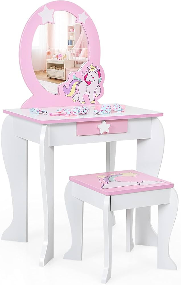 Costzon Kids Vanity Set with Mirror, 2 in 1 Wooden Princess Makeup Dressing Table with Detachable... | Amazon (US)