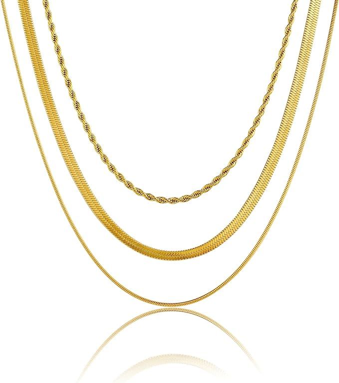 Tasiso 14K Gold Filled Herringbone Choker Necklace Set Double Layer Snake Chain Herringbone Chain... | Amazon (US)