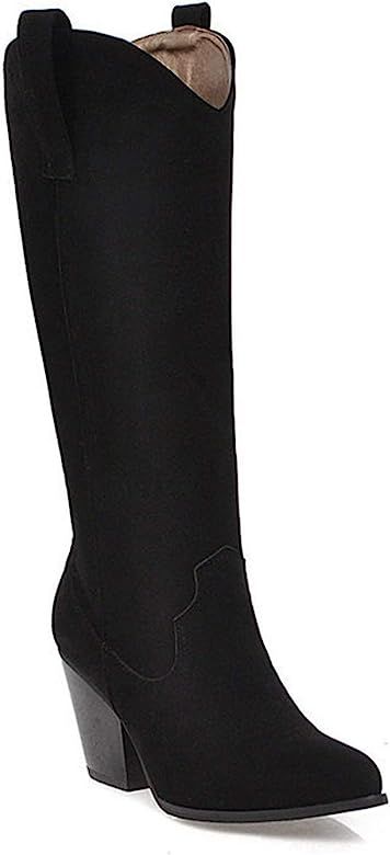 Women Fashion Pointed Toe Riding Boots Western Cowboy Pull On Casual Thick High Heel Knee High Bo... | Amazon (CA)