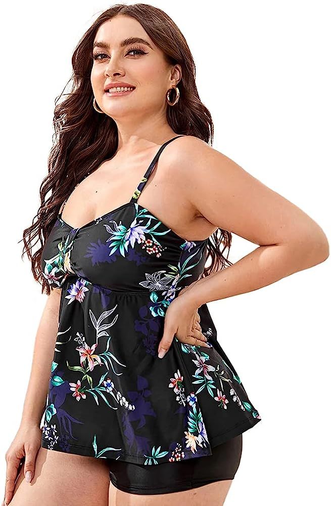 ALLABREVE Women Plus Size Tankini Swimsuit Two Piece Flowy Swimdress Bathing Suits with Shorts | Amazon (US)