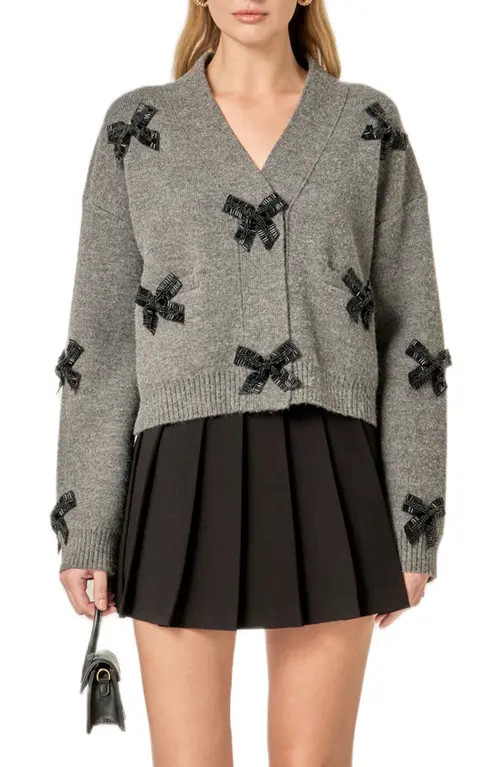 English Factory Beaded Bow Oversize Cardigan in Charcoal at Nordstrom, Size Medium | Nordstrom