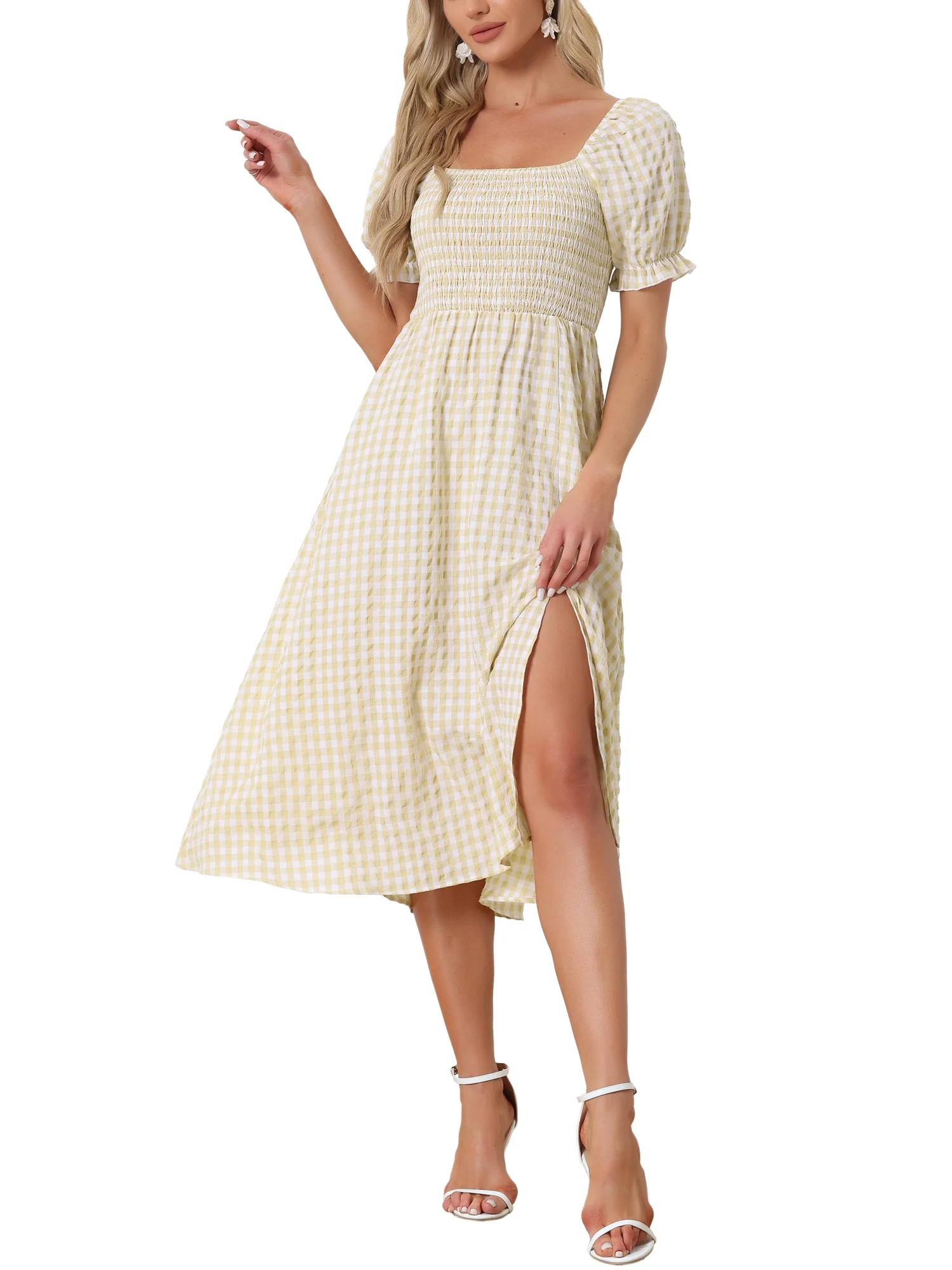 Allegra K Smocked Dress for Women's Puff Sleeve Square Neck Gingham Dresses | Walmart (US)