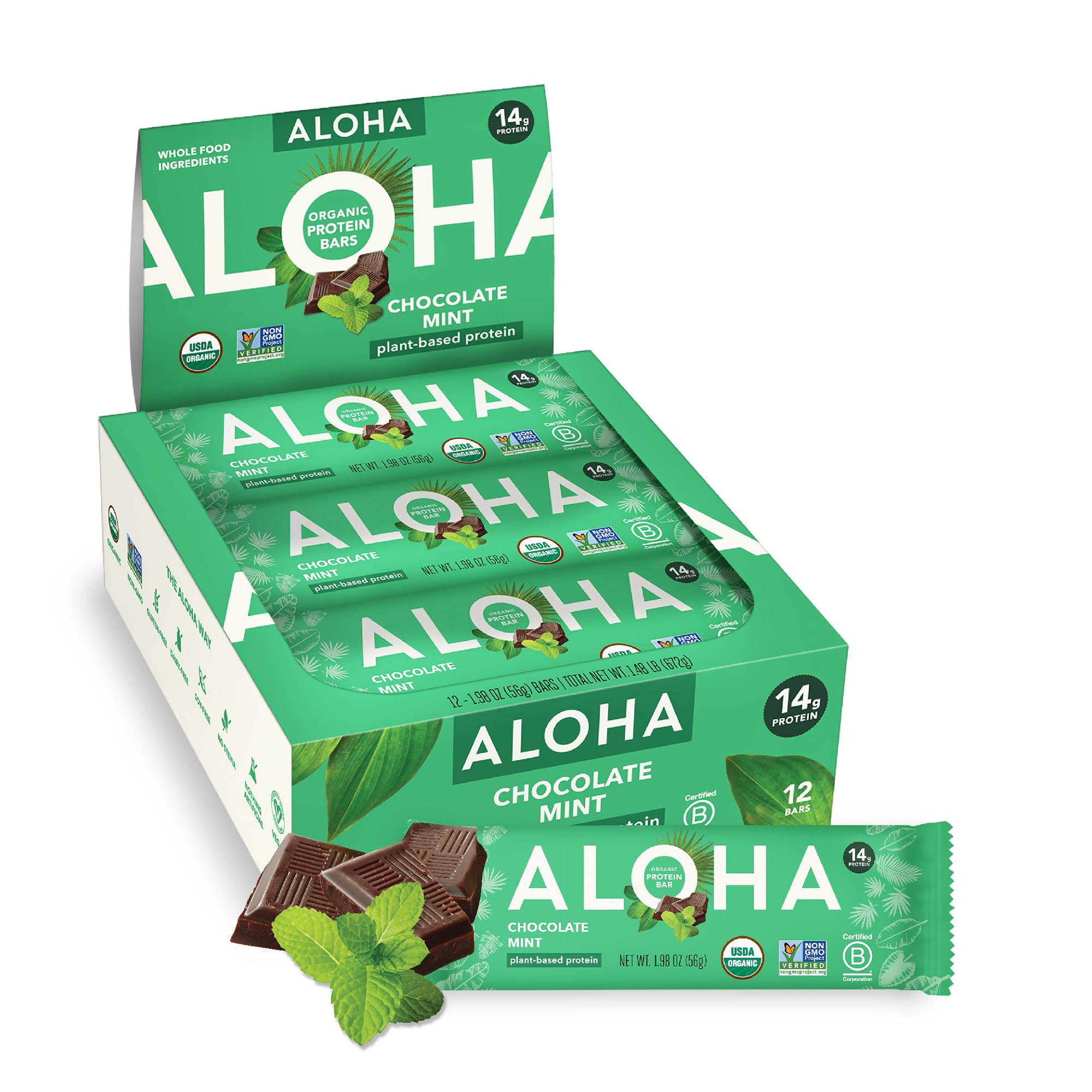 ALOHA Organic Plant Based Protein Bars, Chocolate Mint, 1.98 Oz (Pack of 12) | Amazon (US)