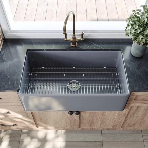 Solstice 33" L x 18" W Fireclay Farmhouse Kitchen Sink with Sink Grid and Basket Strainer | Wayfair North America