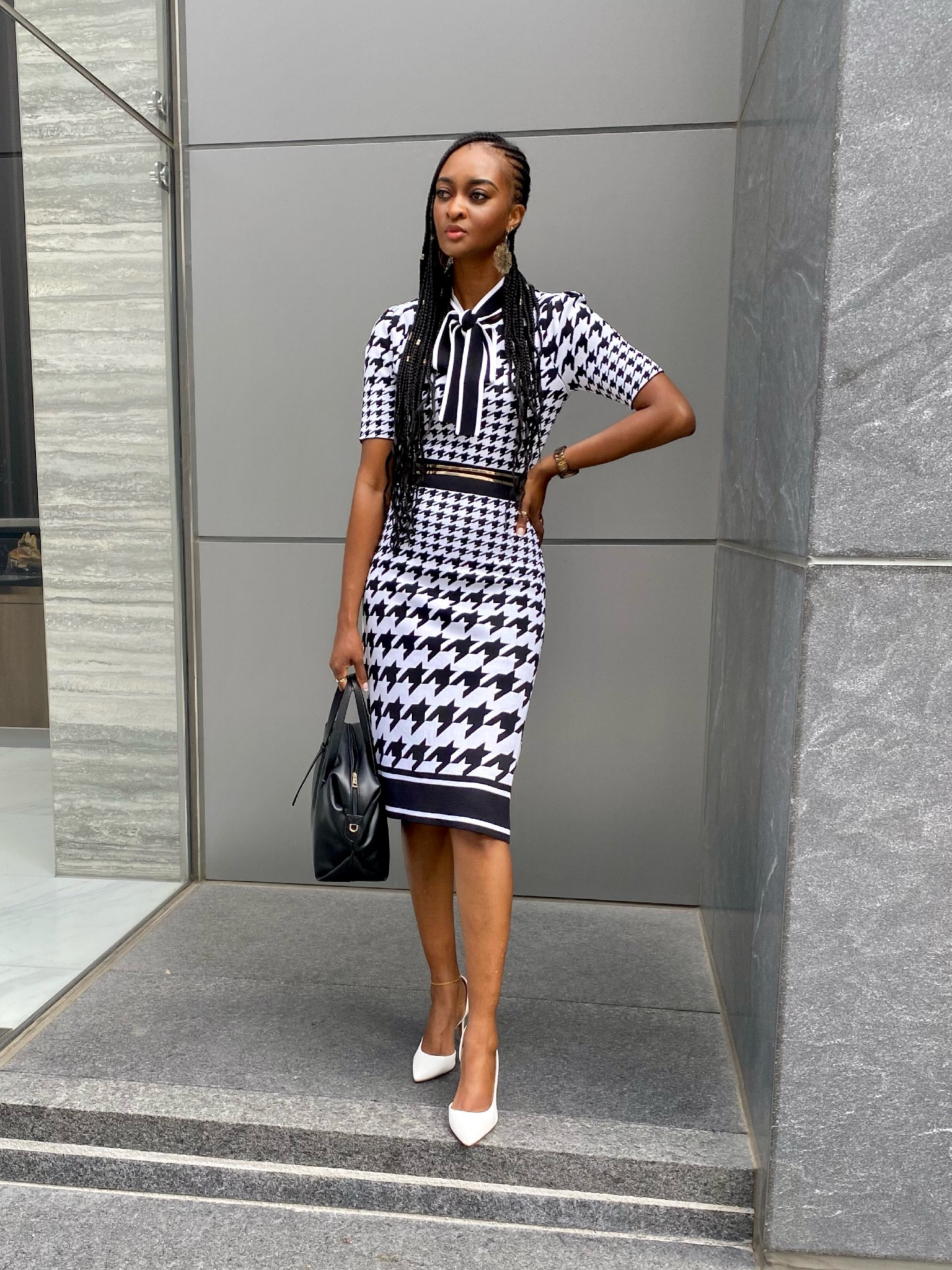 Sweater dresses will be on repeat this Fall. This Houndstooth Bow-Neck Sweater Dress is everything that I excepted and more.  
It’s a great transitional piece for the late Summer to early Fall. 

This sweater dress will be perfect for the office, work interview or a conference. The ideal dress that takes you from work to dinner or church to brunch.  

Use my code “NATHALIE10” for a discount at check out. 

#LTKworkwear #LTKunder100 #LTKstyletip