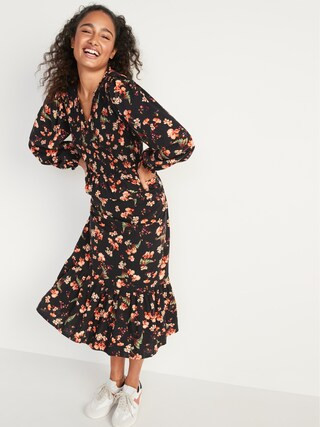 Long-Sleeve Fit & Flare Smocked Midi Dress for Women | Old Navy (US)
