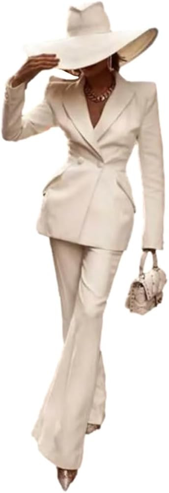 Cdkoke Women's Suit Double Breasted Buttons Jacket Flare Pants for Wedding Dinner Banquet | Amazon (US)
