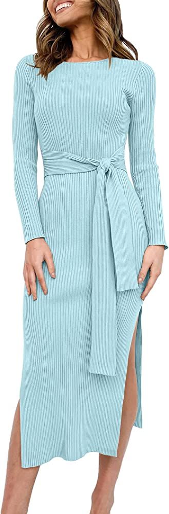 Caracilia Women's Crew Neck Long Sleeve Midi Sweater Dress Elegant Side Slit Bodycon Dress with B... | Amazon (US)