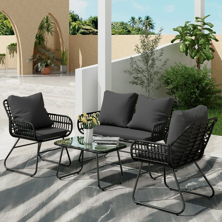 Bifanuo 4-Piece Rattan Patio Furniture Set, All-Weather Bistro Conversation Loveseat, Chairs, and... | Walmart (US)