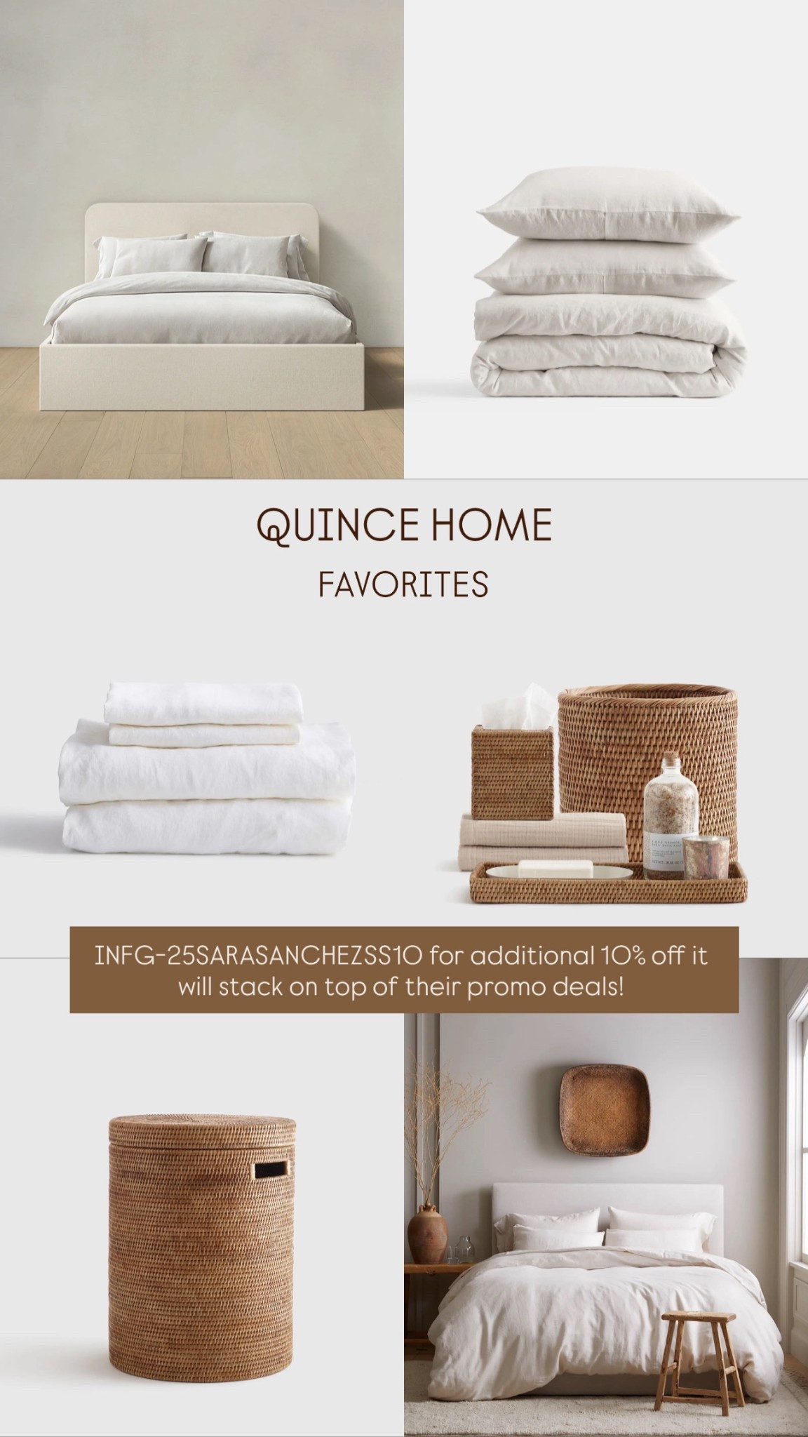 Quince Home Deals & Favorites ✨
My favorite Quince Home picks are finally on major sale, and you can stack my code INFG-25SARASANCHEZSS10 for an extra 10% off on top of their promo deals! 🏡🤍
Sharing the softest bedding, luxe towels, cozy throws, and elevated home essentials that make our home feel like a dream. Linking everything directly so you can shop easily!
Tap to shop my Quince Home must-haves
Save this post for later while the deals are live
Follow me on LTK for more home inspo + upcoming holiday picks!

• Save this post for easy shopping
• Click through the product links
• Add items to cart to track restocks
• Follow for more home + cozy finds
• Comment which piece you want me to review next

Quince home. Quince bedding. Quince deals. Quince home sale. Cozy home finds. Luxury bedding on a budget. Affordable home decor. Neutral home style. Bedroom makeover. Home essentials. Cozy bedroom inspo. Soft bedding favorites. Holiday home picks. Minimalist home decor. Best home deals. LTK home finds. LTK top sellers. Must have home items.

#QuinceHome #QuincePartner #LTKHome #LTKSale #LTKFinds #LTKDeals #CozyHomeFinds #NeutralHomeDecor #HomeRefresh #BedroomInspo #AffordableLuxury #HomeEssentials #BeddingFavorites #HolidayHome #LTKMustHaves #HomeDeals #CozySeason #SaleAlert #SavvyShopping

#LTKCyberWeek #LTKHoliday #LTKHome