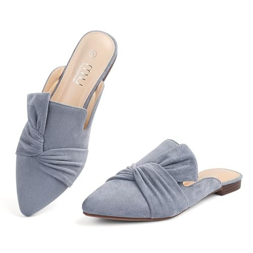 MUSSHOE All-Season Women's Mules：Pointed Toe Backless Loafers：Slip-on Comfortable Dressy Casual Office Business Flat Shoes for Working​ Woman Aged 25-45, Grey Suede 8.5 | Amazon (US)