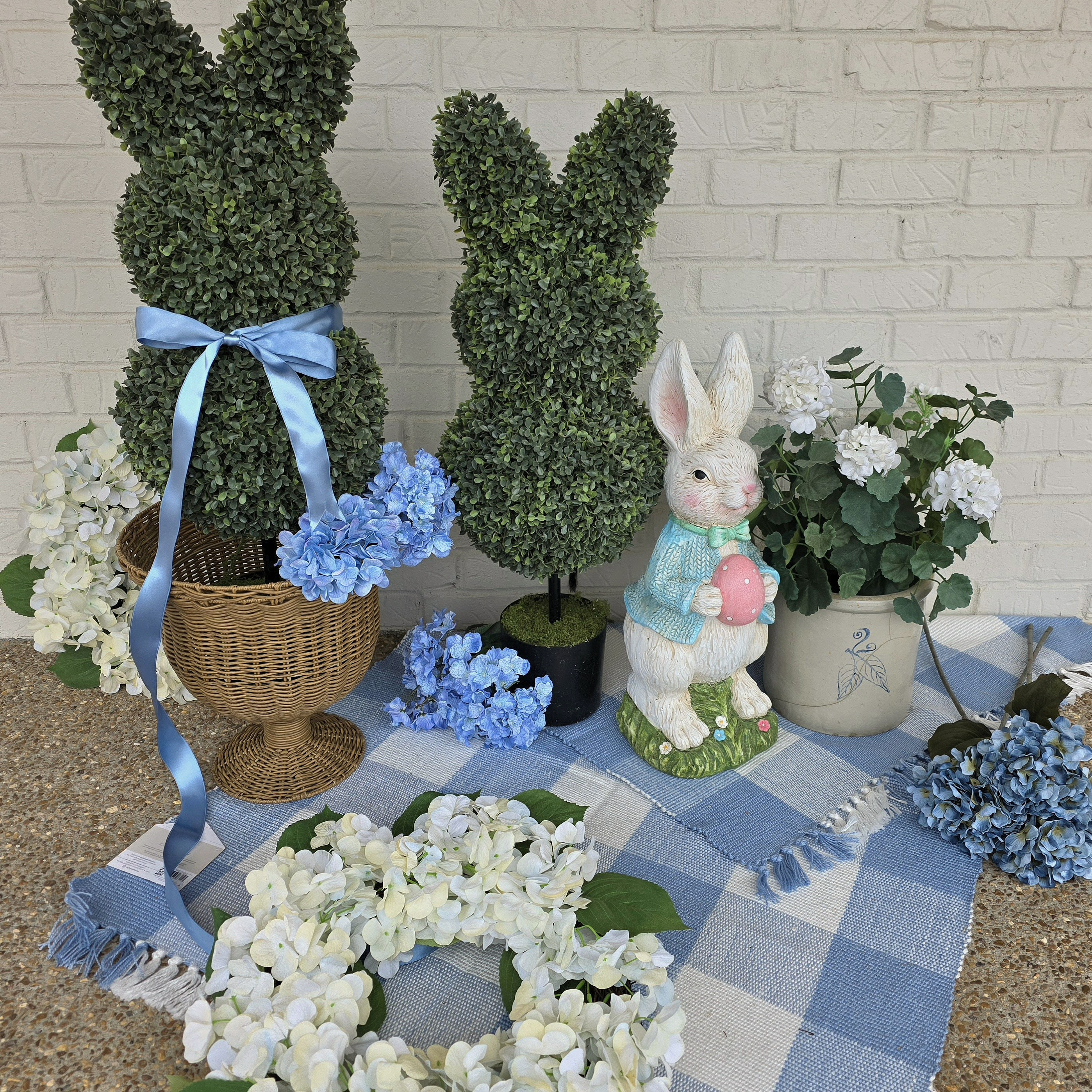 blue and white porch decor, topiary bunnies, cement rabbit statues and lots of hydrangea florals. Spring porch ideas and inspiration  

 #LTKHome