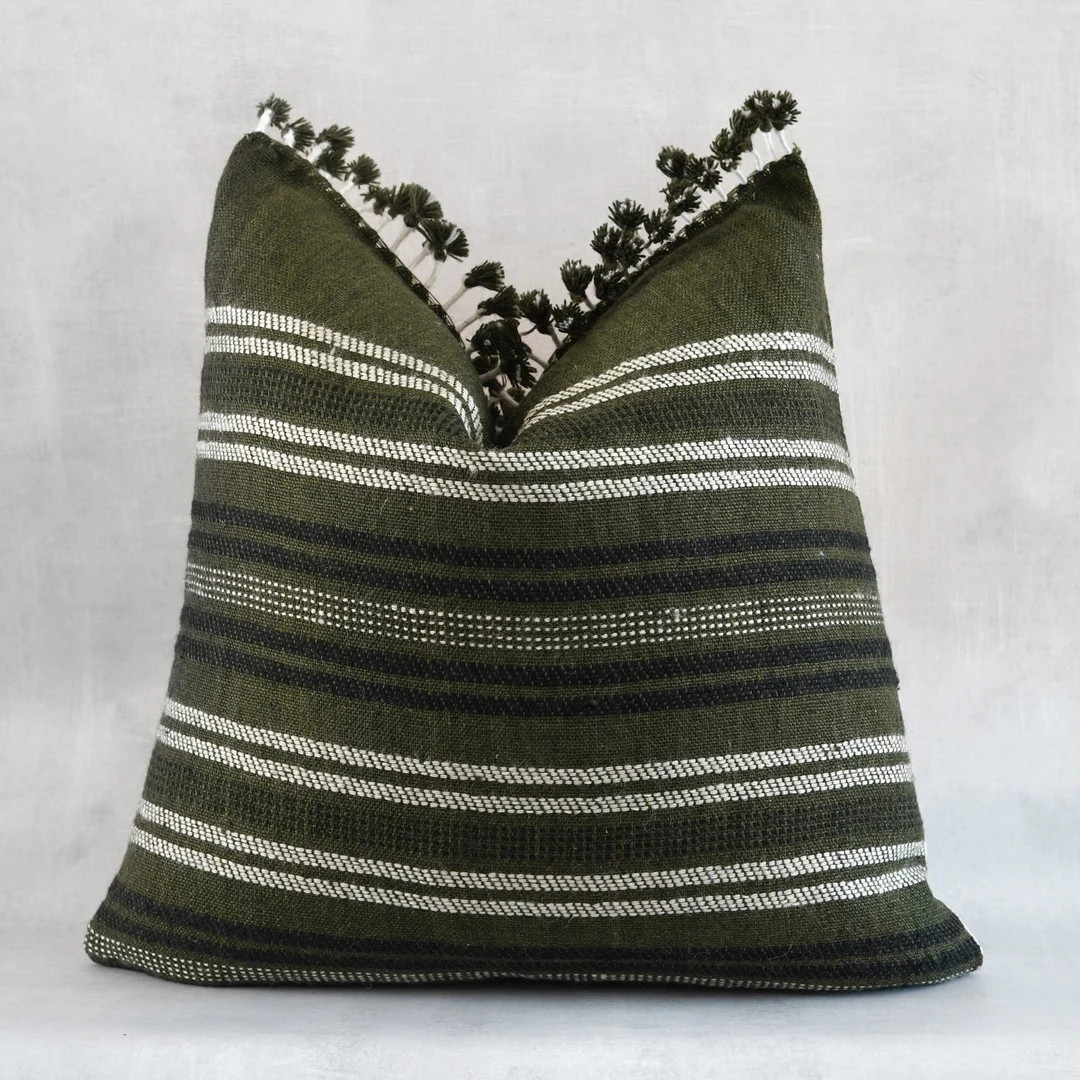 Dyed Green White and Black Stripe Pillow Cover  Indian Wool - Etsy | Etsy (US)