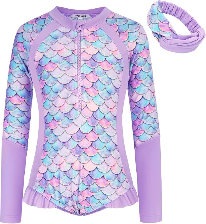 GRACE KARIN Girls Swimsuit One Piece Rashguard Swimwear Long Sleeve Bathing Suit | Amazon (US)
