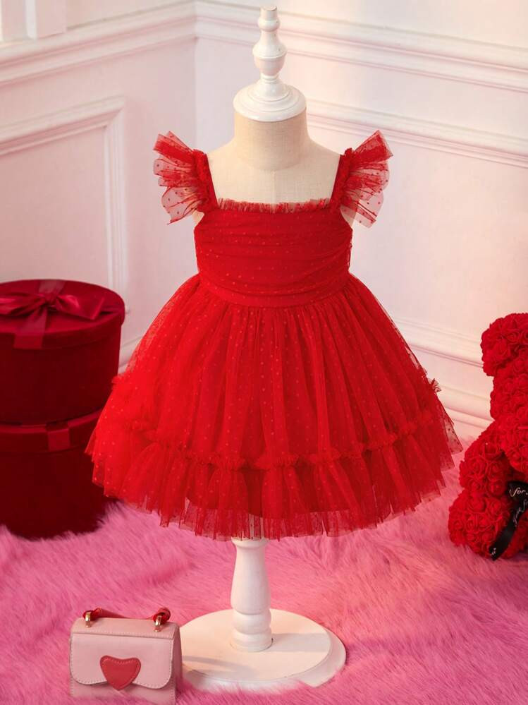 SHEIN Elegant Polka Dot Embroidery Red Valentine's Day Party Holiday Baby Girl Dress | SHEIN