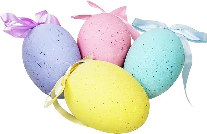 4 Pcs Large Foam Easter Egg Ornaments Decorative Pastel Speckled Easter Eggs with Bows Hanging Ea... | Amazon (US)
