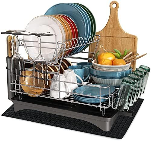 Dish Drying Rack and Drainboard Set, MICOCAH Large 2 Tier Dish Rack with Swivel Spout, Stainless Ste | Amazon (US)