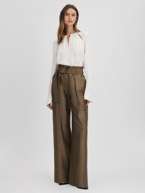 Reiss Khaki Maria Wide Leg Paper Bag Trousers | Reiss UK