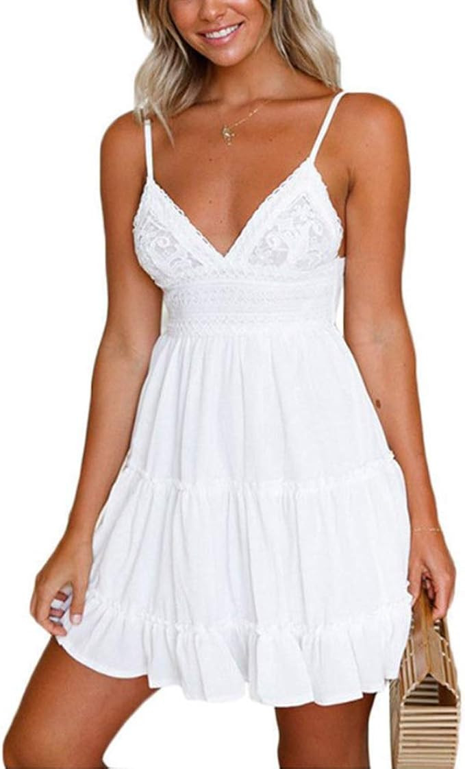 HOTSO Women Summer Sexy Beach Suspender Dress Lace Sleeveless Bohemian Style Back Hollow Deep V N... | Amazon (UK)