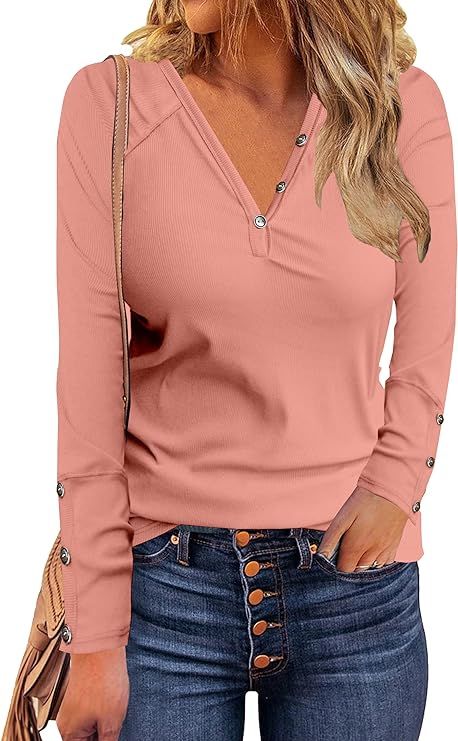 Naletuoy Women's Henley T Shirts Casual Solid Long Sleeve Button V Neck Ribbed Tunic Tops Blouse | Amazon (US)