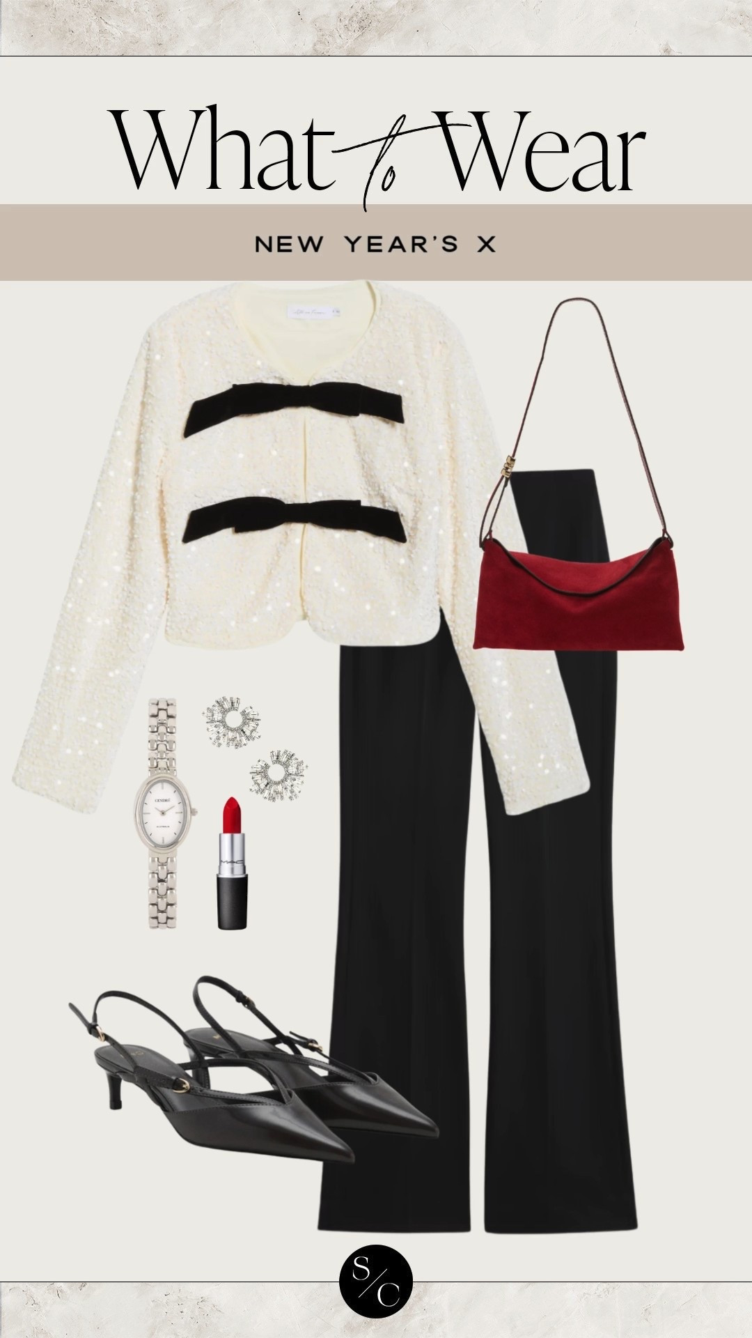 What to wear ✨🖤 New Year’s Edition! Sequin jacket with bow details, classic black pant, red bag for a pop of color with a matching red lip.

#LTKHoliday #LTKgrwm #LTKootd