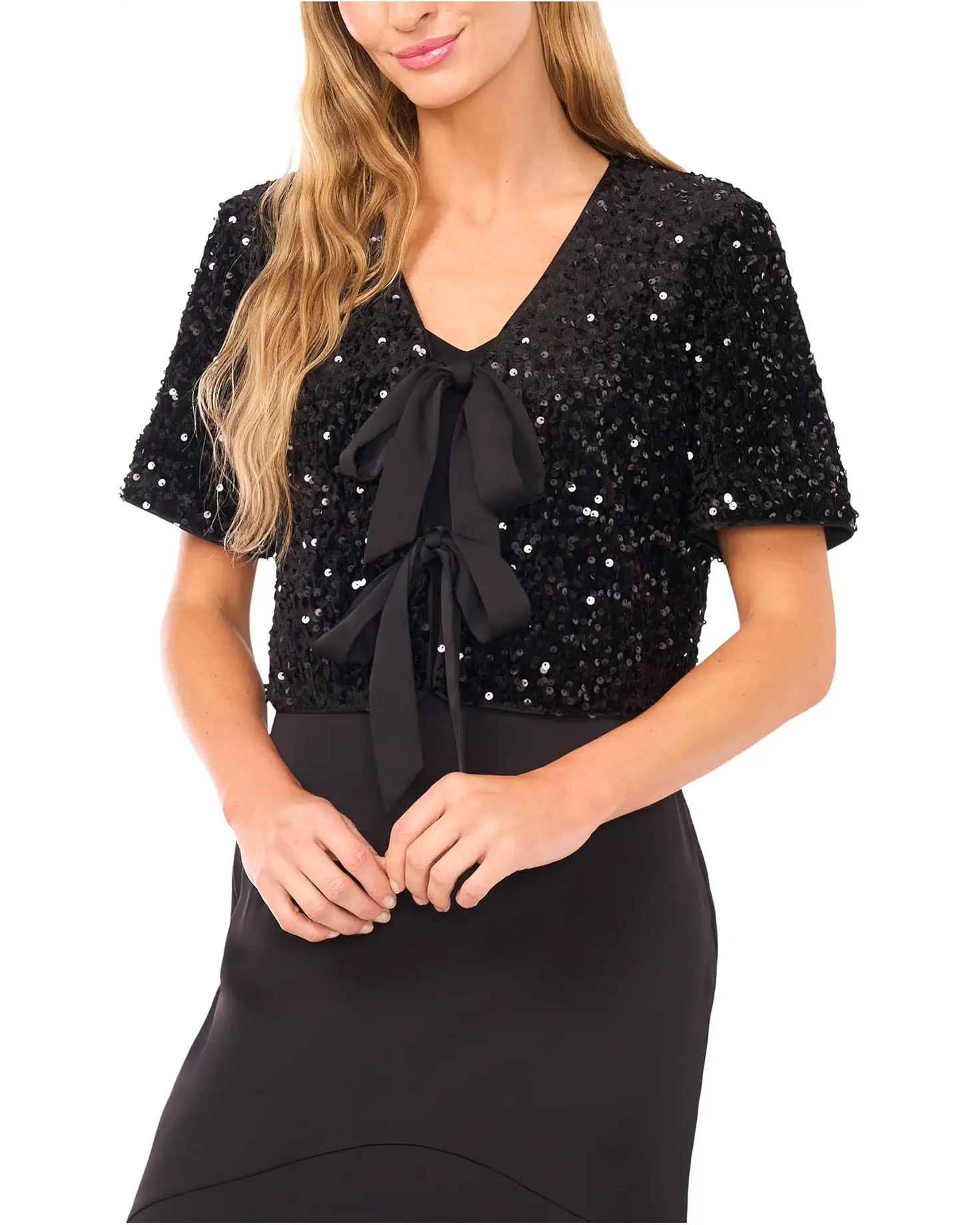 Women's CeCe Velvet Sequin Short Sleeve Bow Front Top | Zappos