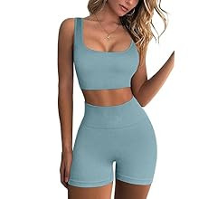 QINSEN Workout Sets for Women 2 Piece Seamless Ribbed Crop Tank High Waist Shorts Yoga Outfits | Amazon (US)