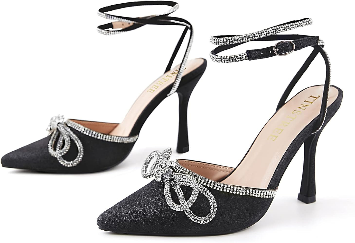 TINSTREE Women's Rhinestone Ankle Strap Heeled Sandals Satin Pointy Toe High Heels Stilettos Pumps L | Amazon (US)