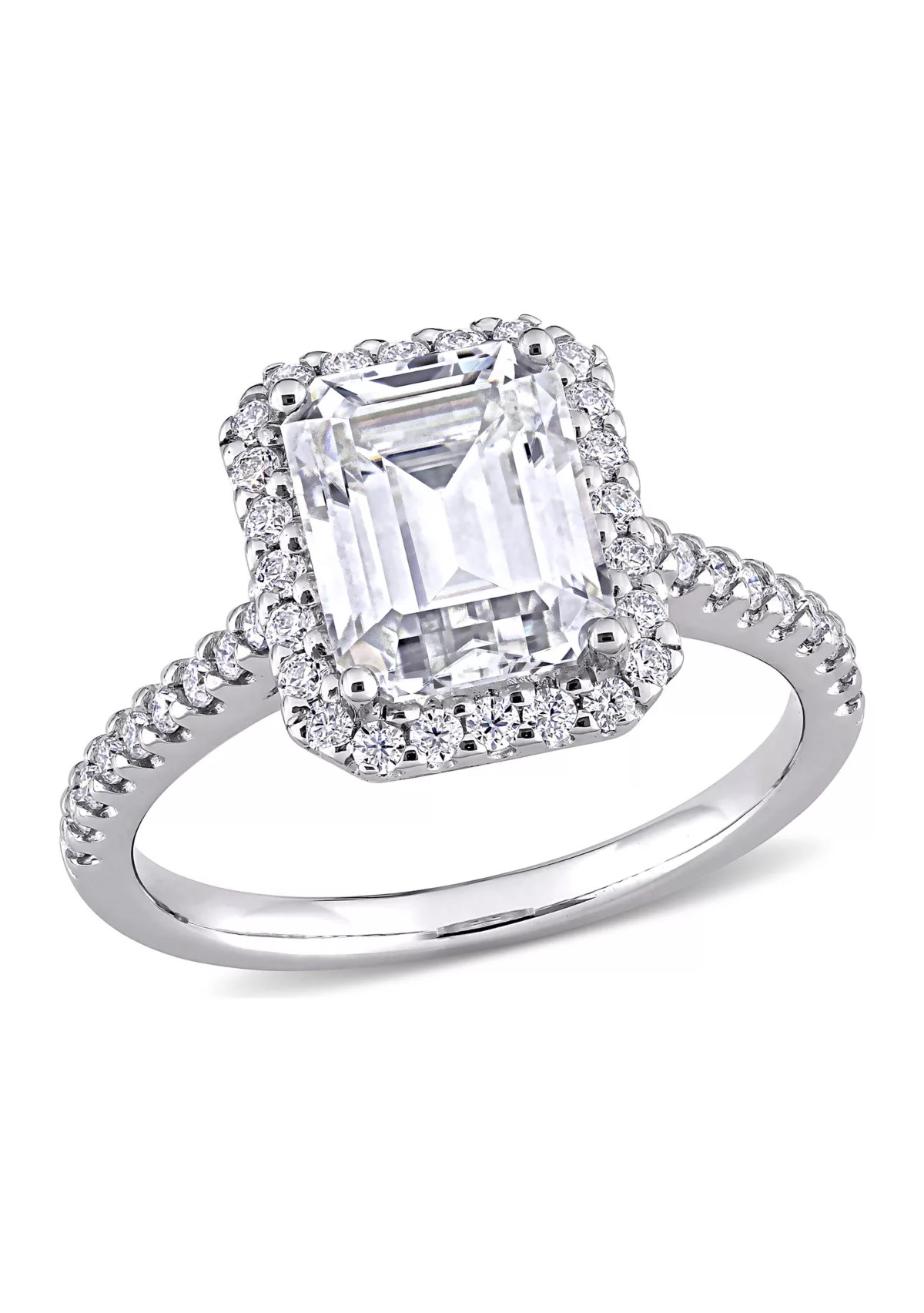 3.4 ct. t.w. Emerald-Cut Moissanite Halo Engagement Ring in 10K White Gold | Belk
