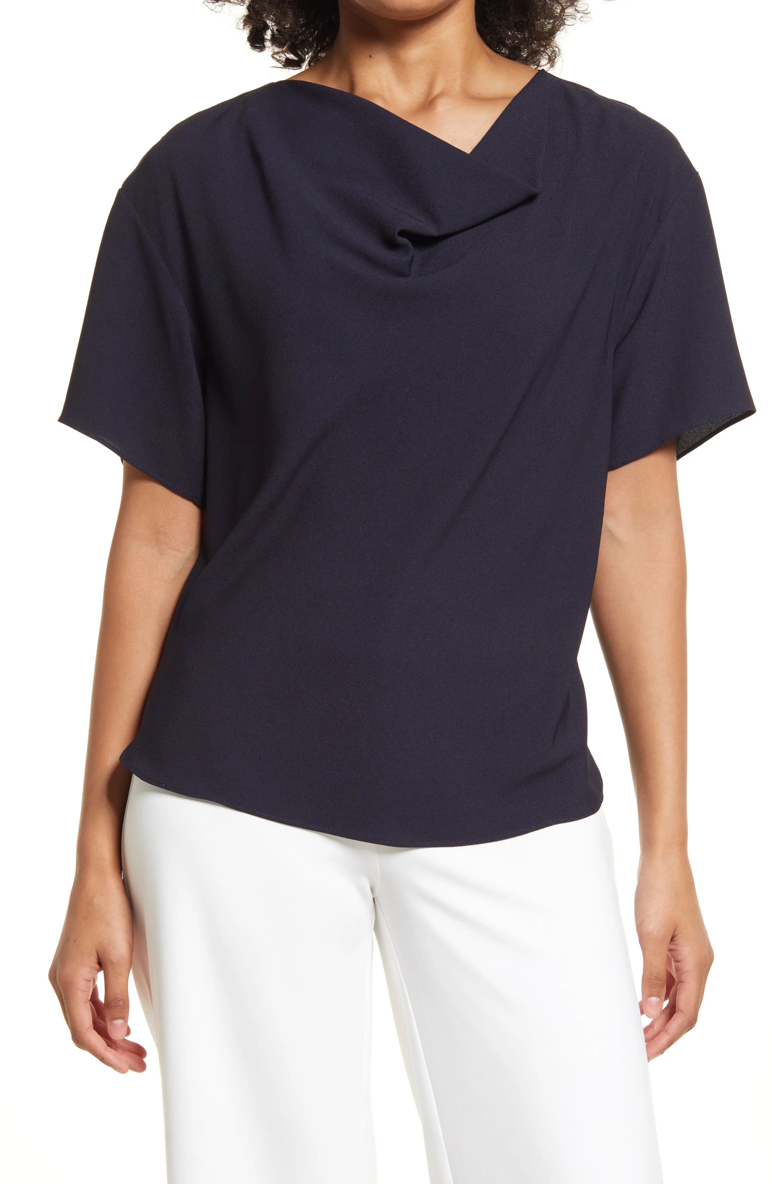 Nordstrom Drape Neck Short Sleeve Top in Navy Night at Nordstrom, Size Large | Nordstrom