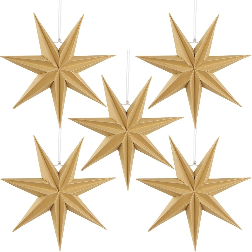 5 Pcs 7-Pointed Brown Wooden Paper Star Ornaments 12 Inch Christmas Hanging Paper Stars 3D Paper ... | Amazon (US)